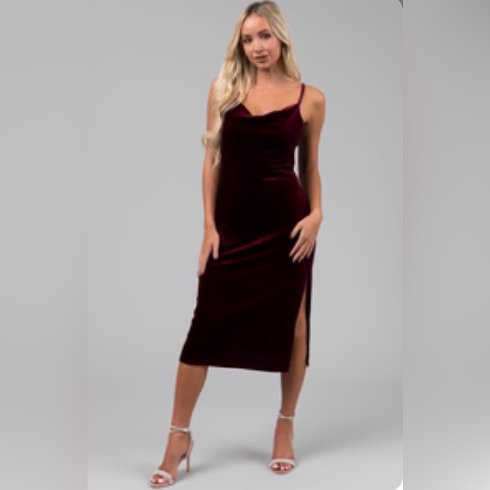 She + Sky Wine Velvet Slip Dress - Picture 2 of 8
